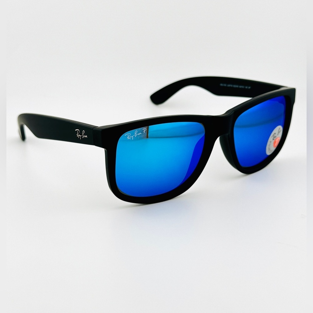 Ray-Ban Justin Sunglasses RB4165 Matte Rubber Black Frame Blue Mirror Lenses - Picture 6 of 15